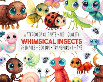 75 Whimsical Insects Bugs Watercolor PNG Clipart, Cute Quirky Insects, Bees, Butterflies, Ladybugs, Ants, Instant Download for Scrapbooking