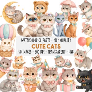 50 Watercolor Cat Clipart, Transparent Kawaii Kitten PNG Bundle