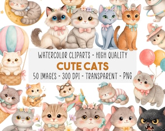 50 Carini Gatti Clipart Bundle PNG, Acquerello Razze di Gatti, Gattini, Baby Shower, Adesivi Digitali, Decor Nursery, Download Istantaneo
