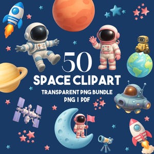 50 Cliparts Fofos do Espaço – PNG, PDF – Astronautas em Tons Pastel, Planetas, Foguetes – Decoração de Quarto Infantil, Festa de Aniversário