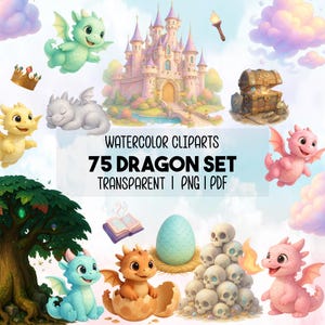 75 Watercolor Dragon Clipart Bundle, PNG PDF, Fantasy Dragons, Eggs, Castles, for Nursery Art, Party Decor, Invitations, Instant Download