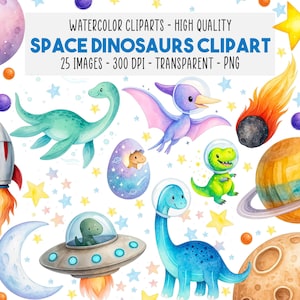 Op de afbeelding: Waterverf clipart set met ruimtedinosaurussen, planeten, sterren en een raket. De afbeelding bevat kleurrijke dinosaurussen met ruimtehelmen, een dinosaurus die uit een ei komt en een UFO. De tekst luidt "SPACE DINOSAURS CLIPART".