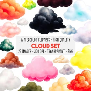 Op de afbeelding: Een verzameling aquarel wolk cliparts in verschillende kleuren, waaronder roze, geel, oranje en blauw. De afbeelding bevat de tekst "WATERCOLOR CLIPARTS - HIGH QUALITY CLOUD SET 25 IMAGES - 300 DPI - TRANSPARENT - PNG."