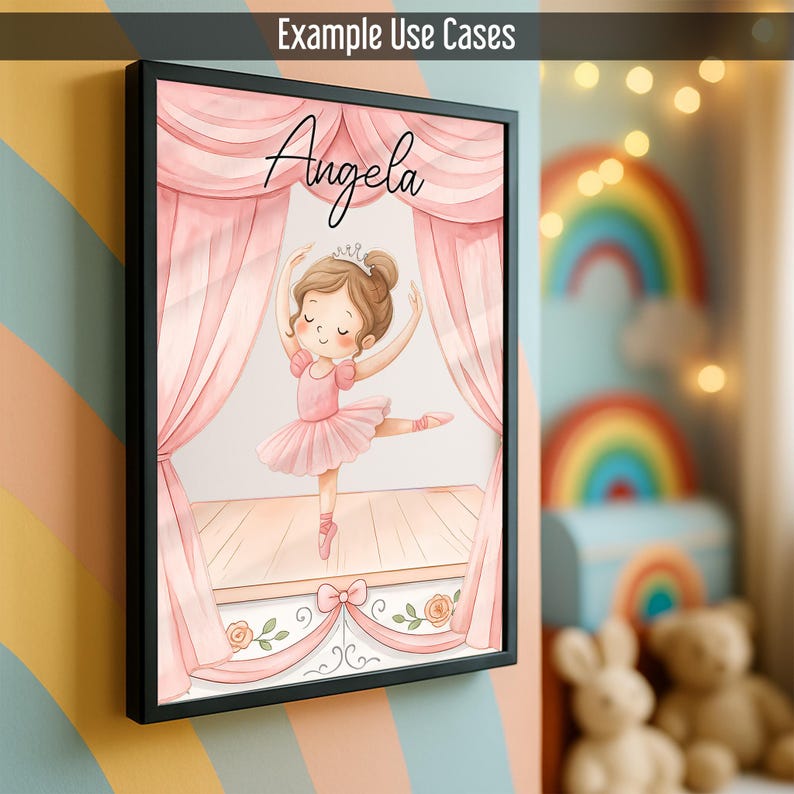 May include: A framed watercolor print featuring a ballerina on stage. The ballerina is wearing a pink tutu and a crown. The name "Angela" is written above the ballerina. The background includes pink curtains and a stage. The frame is black.