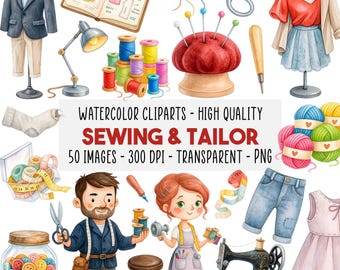 50 Tailor Sewing Watercolor Clipart Bundle PNG, Vintage Seamstress Art, Hobby Scrapbooking, DIY Crafts, Commercial Use, Instant Download