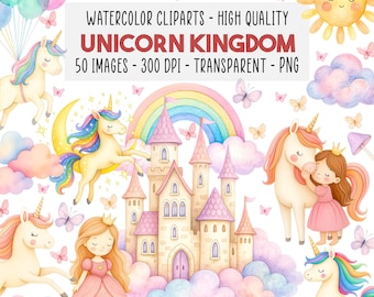 Paquete de 50 Cliparts de Unicornios y Princesas PNG, Unicornios en Acuarela Pastel, Set de Cliparts de Princesa Rosa, Descarga Instantánea