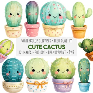 12 Lindos Cactus Clipart Aquarela Pacote, Kawaii Cactus PNG Set Plantas Felizes Decoração Quarto Infantil Arte Imprimível, Download Imediato