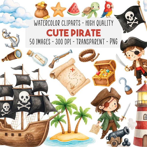 50 Piraten Clipart Aquarell PNG Set, Niedliche Piraten, Nautische Elemente, Geburtstagsparty Deko, Kommerzielle Nutzung, Sofortiger Download