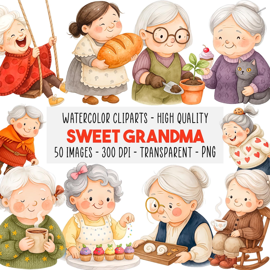50 Sweet Grandma Watercolor Clipart Bundle PNG, Cartoon Grandmother ...