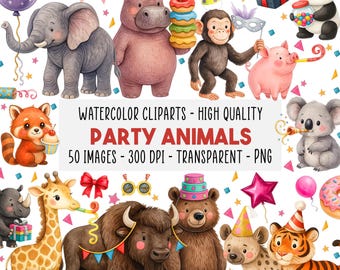 50 Wild Party Animal Clipart PNG Set, Jungle Safari Birthday Animals, Cute Watercolor Zoo Theme Decor, Printable Party, Instant Download