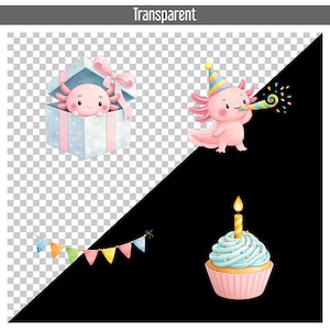 May include: Watercolor illustrations of a pink axolotl in a gift box, a party hat, and a cupcake with a lit candle. A colorful banner is also included. The axolotl is the central theme, suggesting a birthday or celebration.