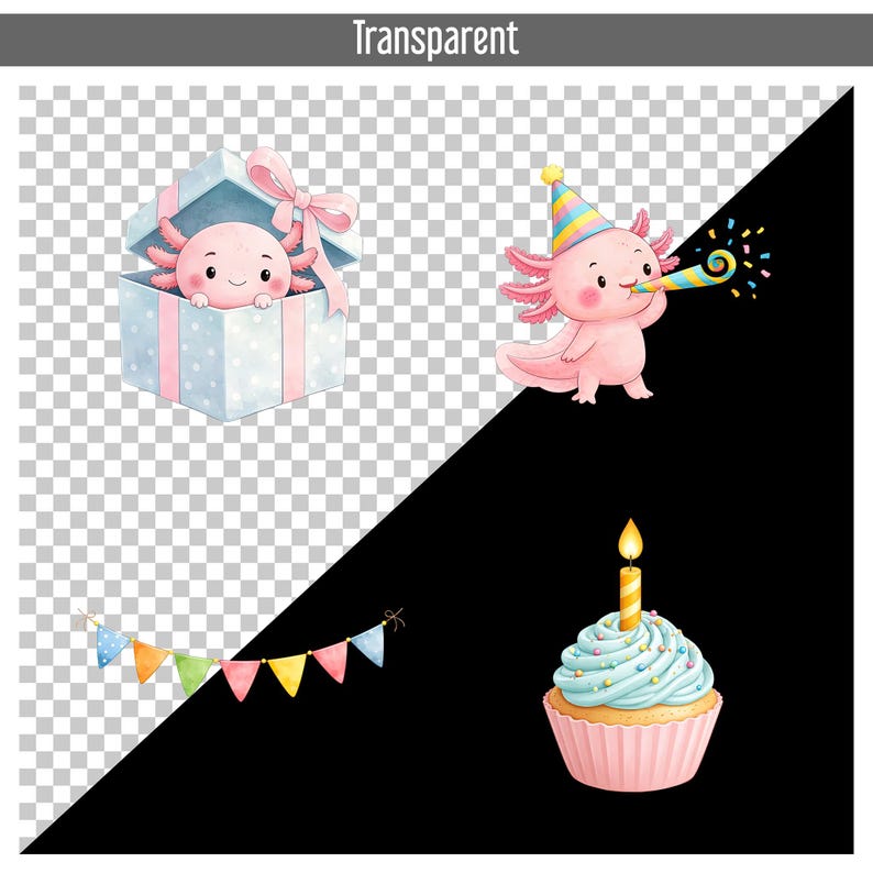 May include: Watercolor illustrations of a pink axolotl in a gift box, a party hat, and a cupcake with a lit candle. A colorful banner is also included. The axolotl is the central theme, suggesting a birthday or celebration.
