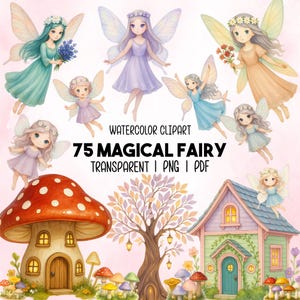 Lot de Cliparts Jardin de Fées Magiques, 75 Fées Aquarelle Mignonnes, Illustrations de Forêt Rose Fantastique, Animaux Floraux, PNG, PDF