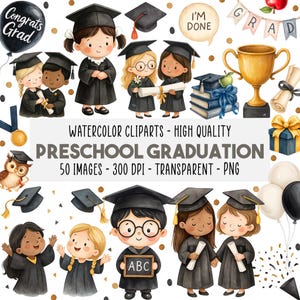 Könnte beinhalten: Aquarell-Clipart-Set mit Illustrationen von Kindern in Abschlusskleidung, die Diplome halten und Mortarboards tragen. Enthält Ballons, eine Trophäe und den Text "Preschool Graduation".