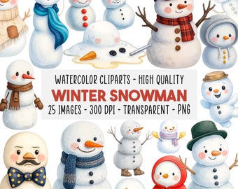 25 Snowman Clipart Set, Classic Winter Snowmen PNG, Cute Christmas Watercolor Art, Holiday Clipart Bundle, Commercial Use, Instant Download