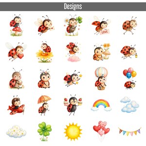 25 Cute Ladybug Clipart Watercolor Bundle, Ladybugs PNG Set, Spring Nursery, Valentine Sublimation, Printable Stickers, Instant Download image 2