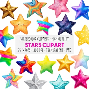 Puede incluir: Una colección de imágenes prediseñadas de estrellas de acuarela en varios colores y estilos. Las estrellas incluyen diseños dorados, naranjas, arcoíris, azules, morados y rosas. El texto en la imagen dice "STARS CLIPART".