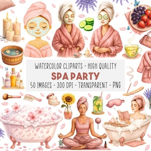 50 Spa Tag Clipart PNG Bundle, Niedliche Aquarell Spa Elemente, Selbstfürsorge, Maniküre Pediküre, Sofortiger Download, Kommerzielle Nutzung