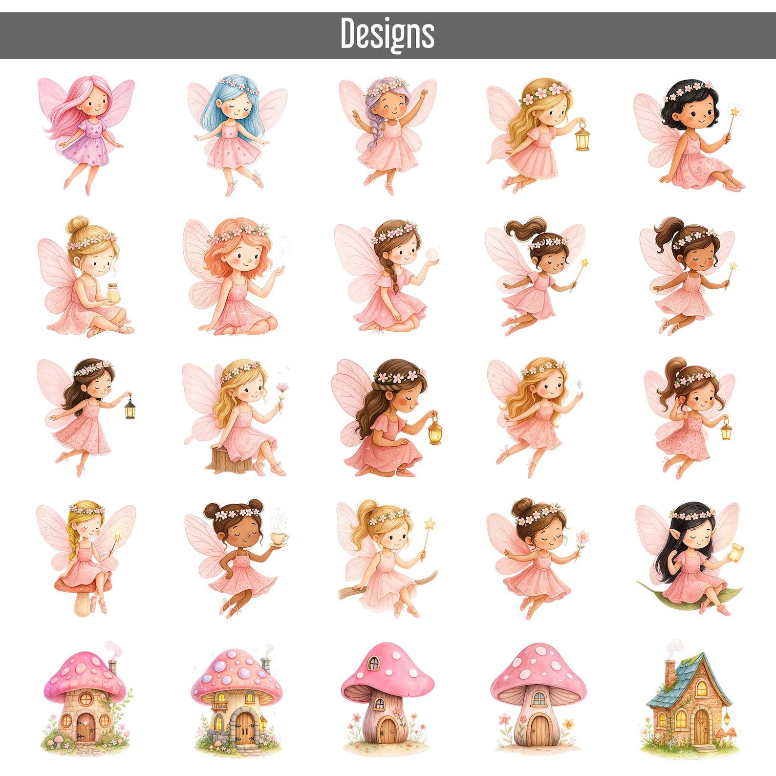 75 Watercolor Fairy Garden Clipart Bundle PNG, Pink Fairies, Magical ...