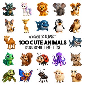 Paquet d'Illustrations d'Animaux 3D Adorables 100 PNG de Haute Qualité PDF avec Arrièreplan Transparent Parfait pour les Produits Numériques