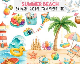 50 Summer Beach Clipart PNG Bundle, Tropical Ocean Coastal Holiday, Beach Day Vacation Digital Art, Printable Watercolor, Instant Download