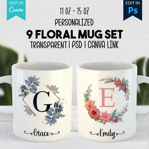 Personalisierte Blumenbecher-Wraps – 9 Designs | 11oz & 15oz Vorlagen | Digitaler Download (PSD) | Hochauflösender Druck