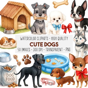 Könnte beinhalten: Aquarell-Cliparts mit verschiedenen niedlichen Hunde-Illustrationen. Das Bild zeigt ein Hundehütte, eine Futterschüssel, ein Hundebett und einen Sack Hundefutter. Der Text auf dem Bild lautet "CUTE DOGS" und "DOG FOOD".