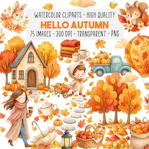 75 Cliparts Aquarelle Automne Bundle, Éléments PNG Cosy Fall, Citrouilles, Feuilles, Cottagecore, Thanksgiving, Téléchargement Instantané