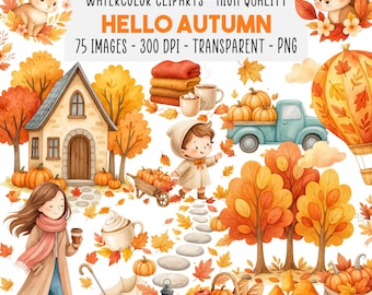 75 Watercolor Herfst Clipart Bundel, Gezellige Fall PNG Elementen, Pompoenen, Bladeren Cottagecore Thanksgiving Hygge Decor, Direct Download