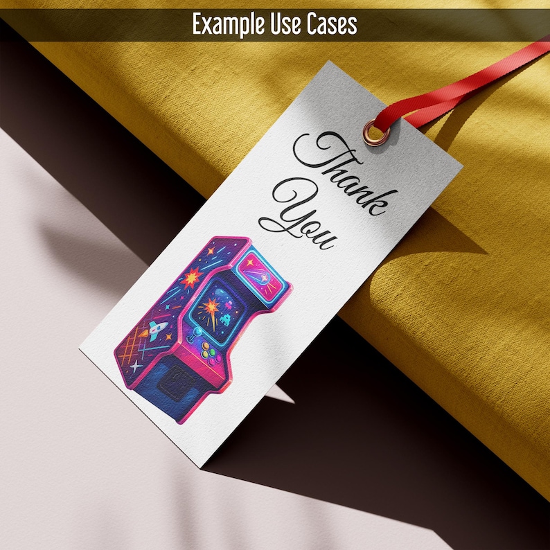 May include: A white tag with a red ribbon and the words "Thank You" in elegant script. The tag features a colourful illustration of a retro arcade game. The top of the image reads "Example Use Cases".