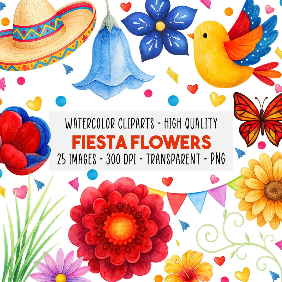 25 Fiesta Flowers Watercolor Clipart PNG, Bright Mexican Floral, Piñata ...