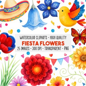 Può includere: Illustrazione ad acquerello a tema festa. L'immagine include un sombrero, fiori, un uccello e una farfalla. Il testo recita "FIESTA FLOWERS" e "25 IMAGES - 300 DPI - TRASPARENTE - PNG". I colori sono rosso, giallo, blu e verde.