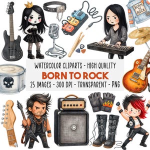 Könnte beinhalten: Aquarell-Cliparts mit Rock'n'Roll-Thema. Enthält Illustrationen von Musikinstrumenten wie Bassgitarre, E-Gitarre und Schlagzeug. Auch mit dem Text "BORN TO ROCK".