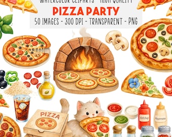 50 Watercolor Pizza Clipart Bundle PNG, Pizza Party Illustrations, Italian Food Clip Art, Pizza Slice PNG, Instant Download, Commercial Use
