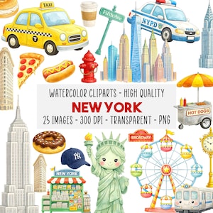 May include: Watercolor clipart set featuring iconic New York City elements. Includes a yellow taxi, NYPD police car, skyscrapers, Statue of Liberty, hot dog cart, and a Ferris wheel. The text "NEW YORK" is prominently displayed.