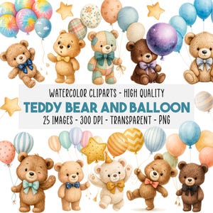 25 Clipart Oso de Peluche Acuarela, Globo Pastel Transparente