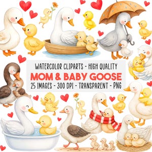 Puede incluir: Clipart de acuarela con ilustraciones de mamás gansos y sus gansitos. Las imágenes incluyen gansos con patitos amarillos, corazones rojos y el texto "MOM & BABY GOOSE". El clipart es de alta calidad y transparente.