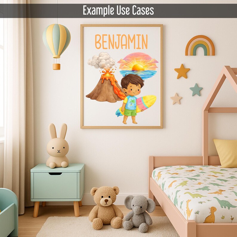May include: A framed print with the name "BENJAMIN" in orange letters, featuring a cartoon boy with a surfboard, a volcano, and a sunset. The room includes a bed, stuffed animals, and a hot air balloon.