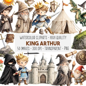 May include: Watercolor clip art set featuring King Arthur-themed illustrations. Includes images of wizards, a castle, a dragon, a knight, a tent, and other fantasy elements. The text on the image reads "WATERCOLOR CLIPARTS - HIGH QUALITY KING ARTHUR 50 IMAGES - 300 DPI - TRANSPARENT - PNG."