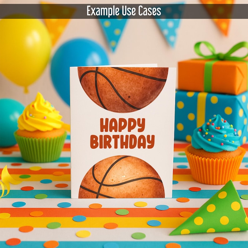 May include: A birthday card featuring a basketball design and the words "Happy Birthday" in orange. The card is surrounded by cupcakes, balloons, and wrapped gifts, creating a festive atmosphere. The background includes colorful confetti and party decorations.