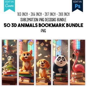 50 3D Tier-Lesezeichen PNG-Bundle | Süße Katze Hund Bär Hase Designs | Druckbare Lesezeichen-Sublimation für Kinder & Erwachsene | Kawaii