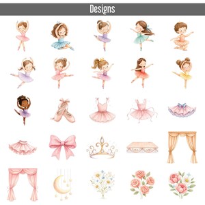 May include: A collection of watercolor illustrations featuring ballerinas, ballet shoes, tutus, bows, crowns, and floral elements. The designs are in soft pastel colors, including pink, peach, and gold, with the word "Designs" at the top.