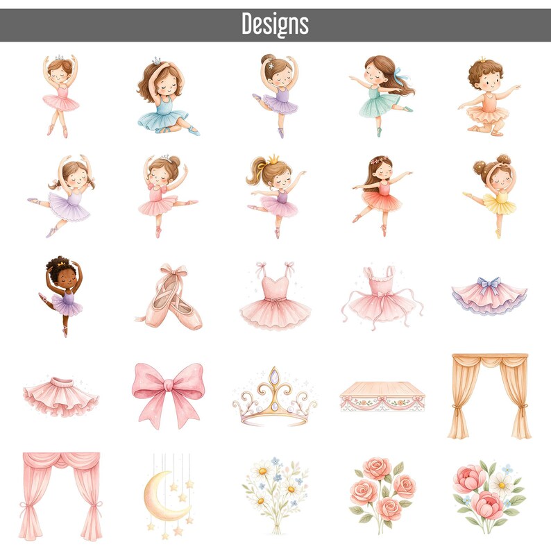 May include: A collection of watercolor illustrations featuring ballerinas, ballet shoes, tutus, bows, crowns, and floral elements. The designs are in soft pastel colors, including pink, peach, and gold, with the word "Designs" at the top.