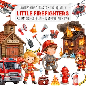 May include: Watercolor clipart set featuring illustrations of firefighters, fire trucks, and a fire station. The image includes the text "LITTLE FIREFIGHTERS" and various firefighting tools. The illustrations are in a cartoon style, with vibrant colors and a transparent background.