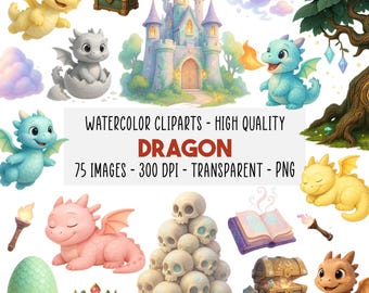 75 Watercolor Dragon Clipart Bundle, PNG, Fantasy Dragons, Eggs, Castles, for Nursery Art, Party Decor, Invitations, Instant Download