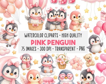 75 Pink Penguin Watercolor PNG Clipart Set, Cute Arctic Birds Nursery, Baby Shower Decor, Kawaii Animal Art Bundle, Instant Download