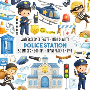 Set de 50 Clipart Estación de Policía PNG, Policías Lindos, Autos, Helicóptero, Ladrones, Decoración Fiesta Infantil, Descarga Instantánea