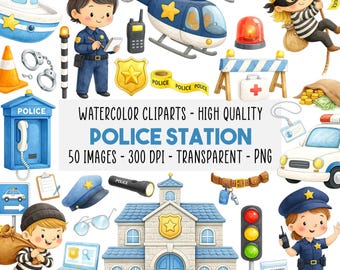 50 Police Station Clipart PNG Set, Cute Police Officers, Cars, Helicopter, Robbers, Kids Birthday Party Decorations, Instant Download