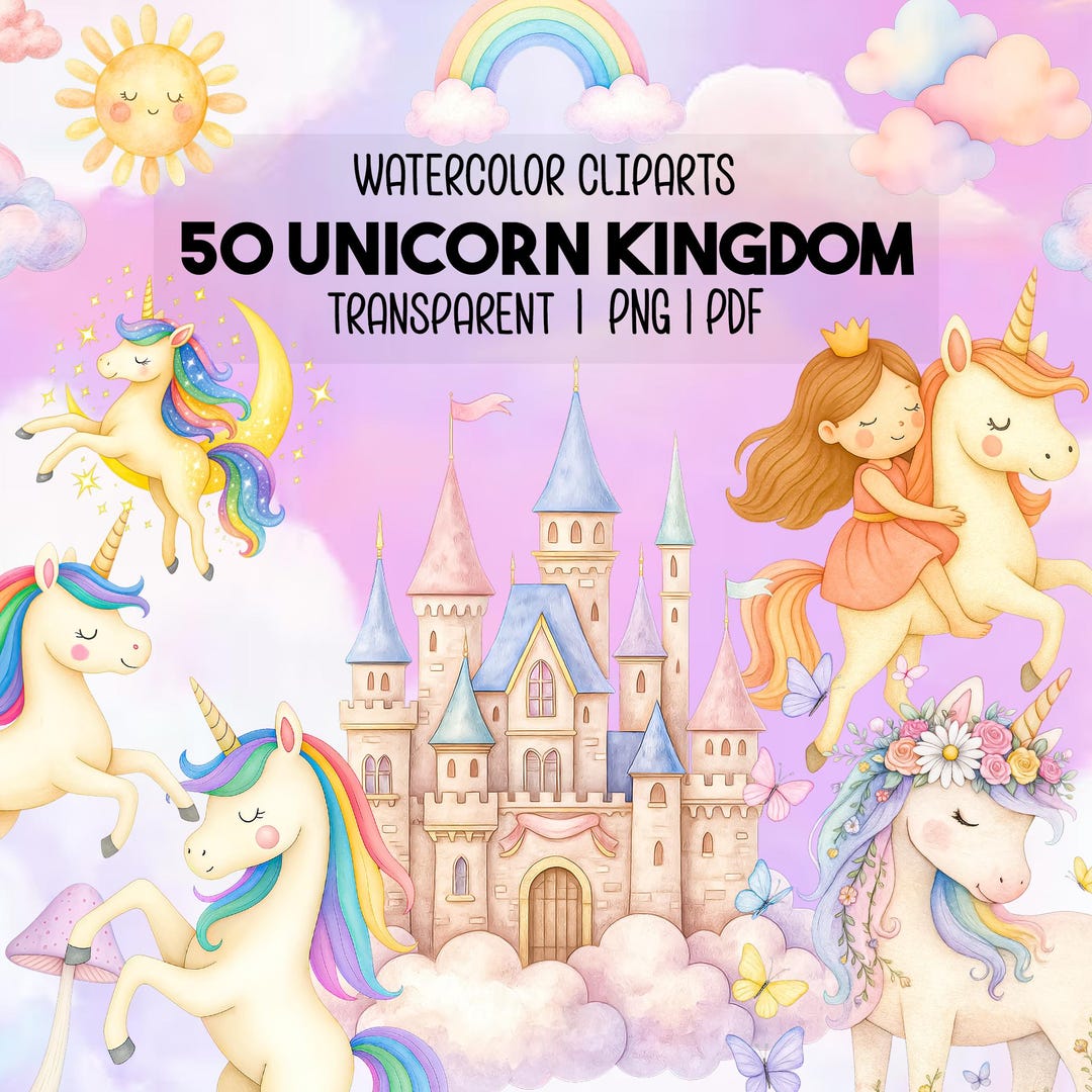 50 Unicorn and Princess Clipart Bundle PNG, Watercolor Pastel Unicorns ...
