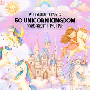 50 Unicorn and Princess Clipart Bundle PNG, Watercolor Pastel Unicorns, Pink Princess Clip Art Set, Fantasy Birthday Art, Instant Download